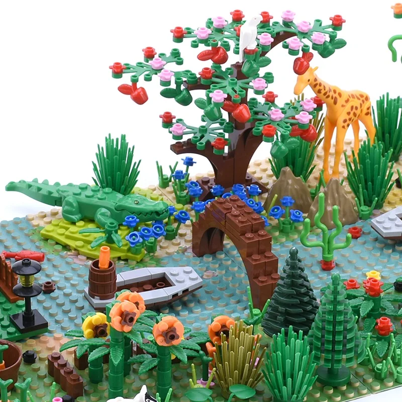 

Windmill Farm on the Mountain Animal Green Grass Jungle Bush Tree Plants Building Blocks DIY Assemble Compatible Baseplate Toys