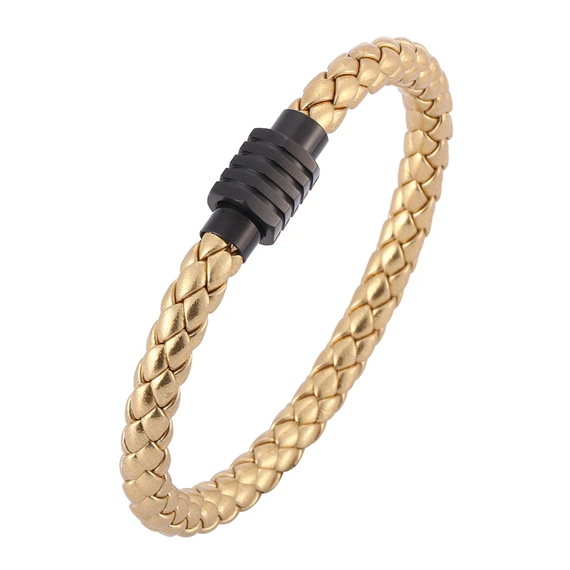 

Luxury Round Combination Men's Stainless Steel Magnetic Clasp Gold Color Leather Bracelet Jewelry Gift BB0522J
