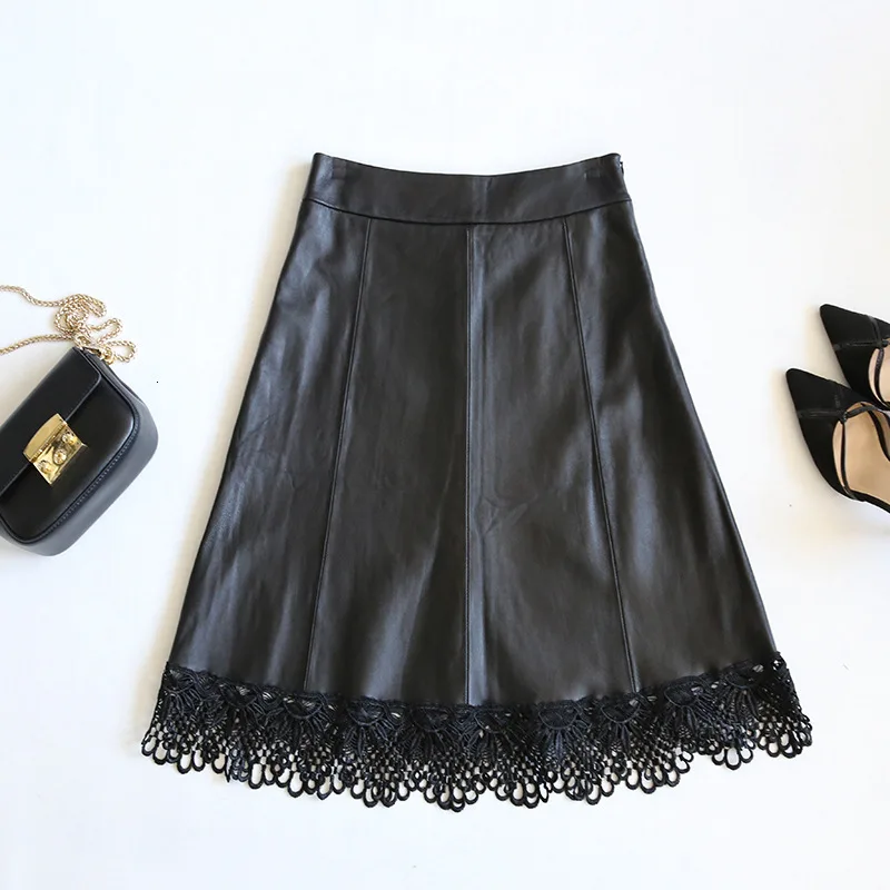 

Autumn New Fashion Sheepskin Genuine Leather Womens Lace Skirts Elegant High Waist Wrap Office Lady Saia Streetwear A-Line Jupe