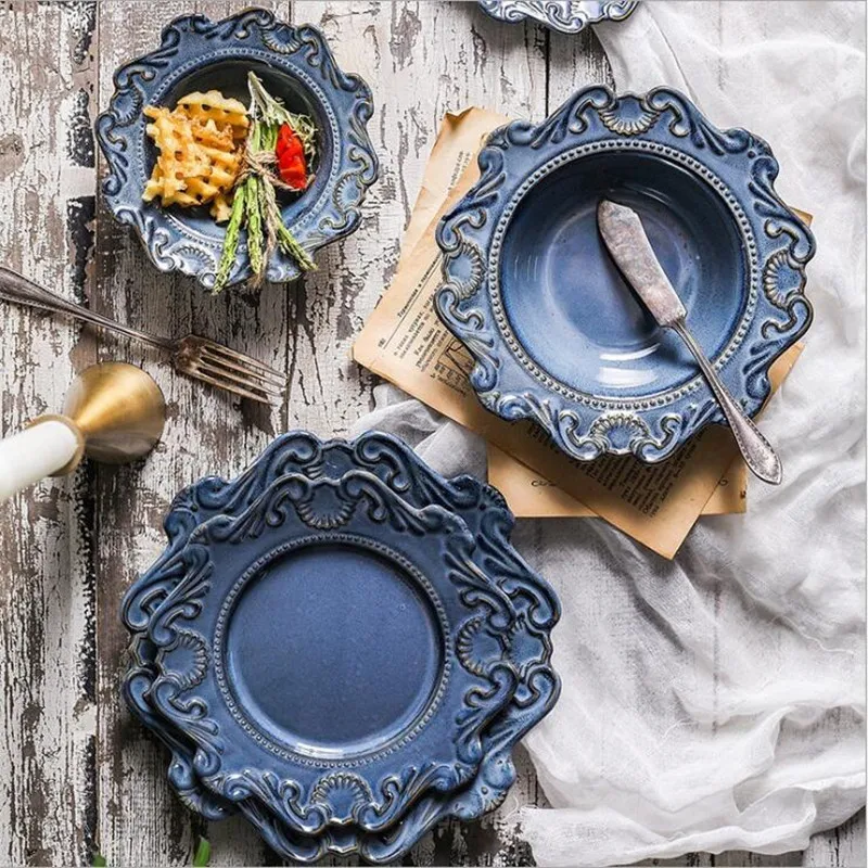 

Blue And White Antique Relief Ceramic Dinner Plate Set Porcelain Main Dish Serving Tray Dessert Salad Dishes Tableware 1 pc