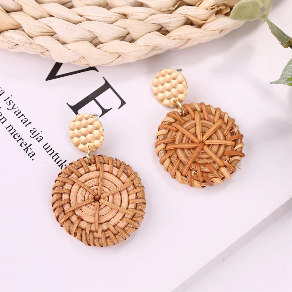 

Rattan Handmade weave Earrings wholesale Bohemian Geometric Water Drop Wooden Hanging Earrings Boho Jewelry