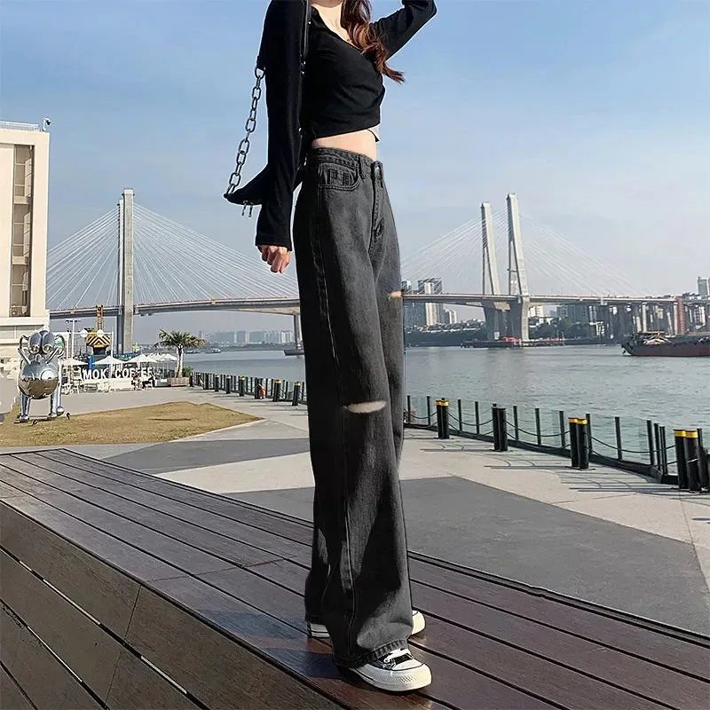 Women's Wide-Leg Pants Summer Thin High Waist Loose Drooping 2021 New Mop Slimming Holes Straight-Leg Denim Pants  Jeans Woman