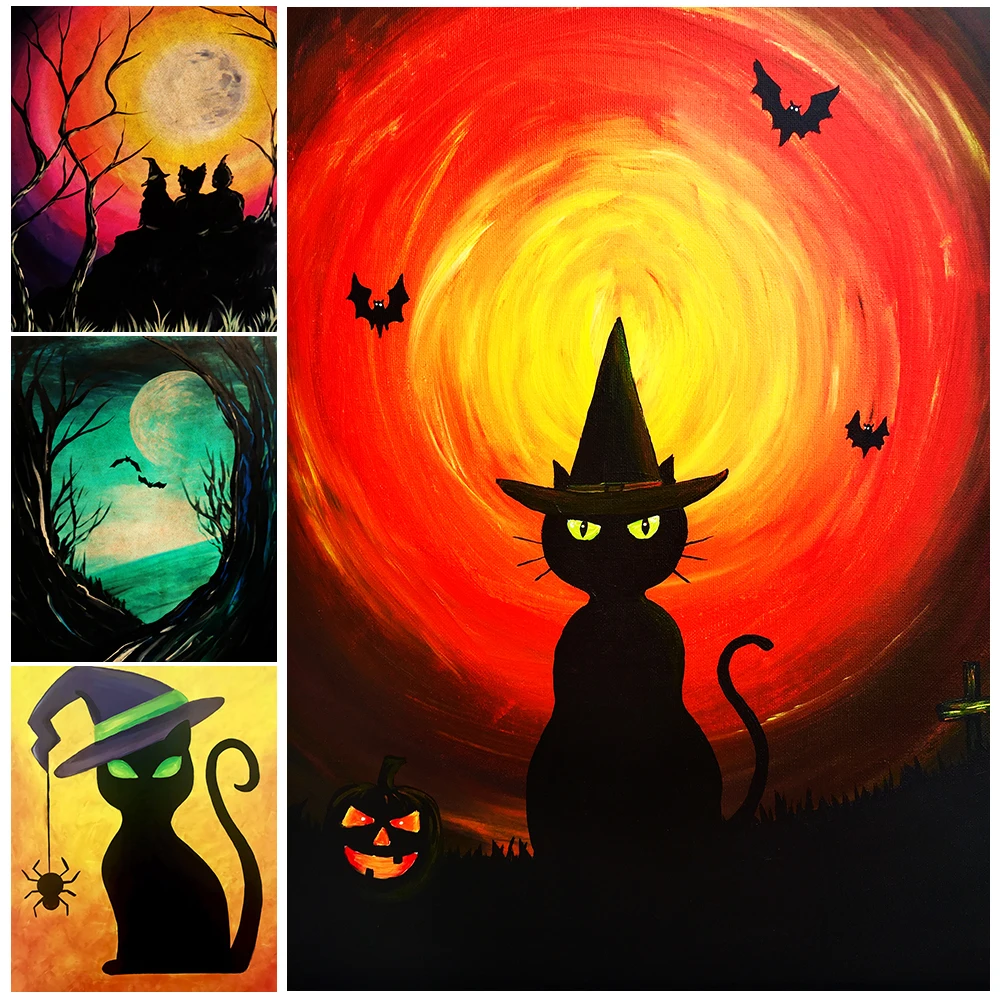 

Three Witches Under The Moon Wall Art Canvas Painting Black Cat Wizard And Pumpkin Poster And Print Decorative For Living Room