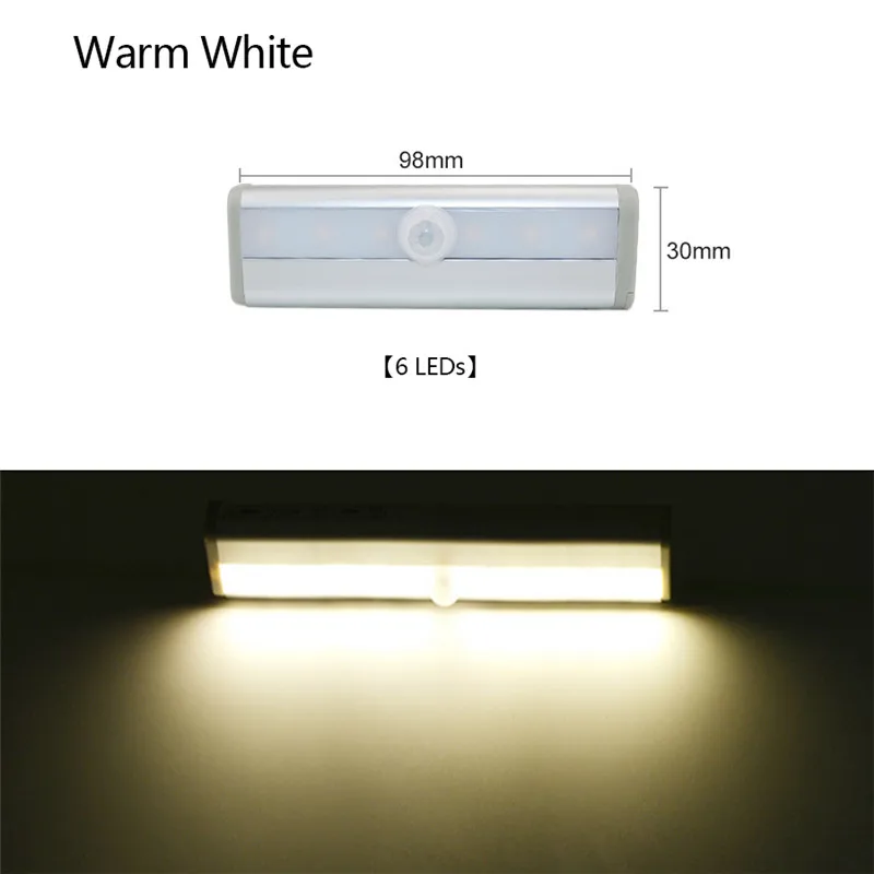 6 Led Warm White Светодиодная подсветка под шкаф с PIR датчиком движения лампа 6/10 светодиодный s 98/190 мм светильник для шкафа шкаф кухонный ночной Светильник - Цвет: 6 Led Warm White