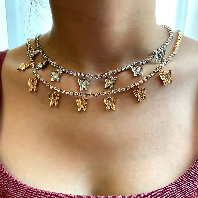 

Fashion Bling Crystal Tennis Chain Choker Necklace for Women Gold Silver Color 7 Butterfly Cherry Pendant Necklace Party Jewelry