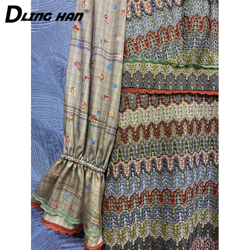 

DLINGHAN Fashion Tweed Dress Women's Lace Patchwork Flare Sleeve Floral Print Mini Dress Designer Autumn New