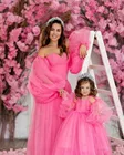 Ярко-розовое красивое платье для мамы и дочки, подходящие платья, Тюлевое платье с длинным рукавом и цветочным принтом для девочек, для свадебной вечеринки