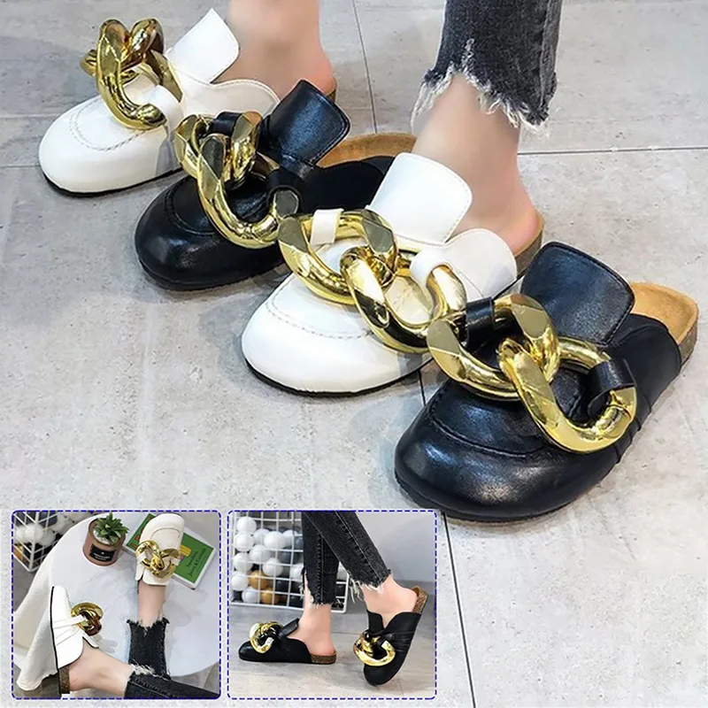 

Brand Design Women Slipper Fashion Big Gold Chain Sandals Shoes Round Toe Slip On Mules Flat Heel Casual Slides Flip Flops 2021