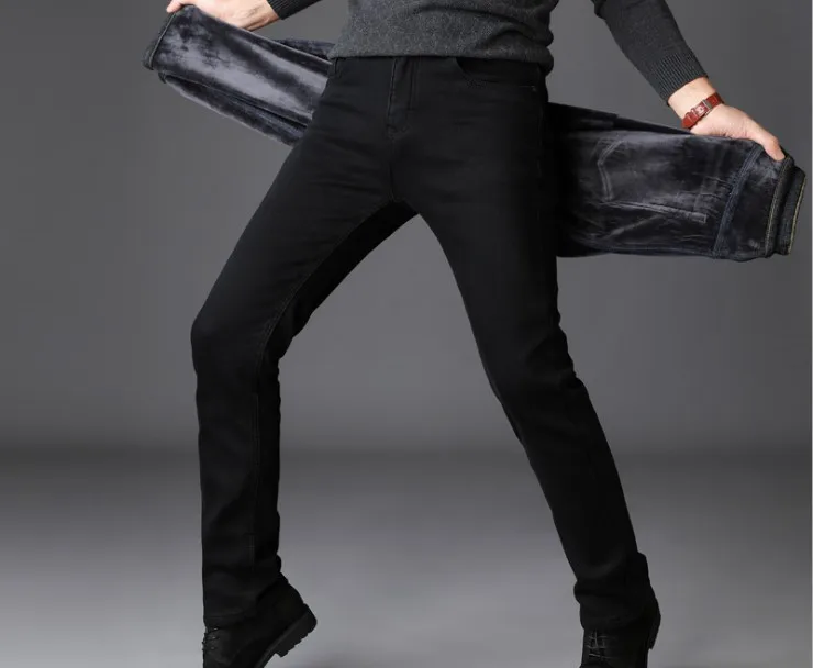 Black plus velvet202 Мужские модные зимние джинсы, Мужские Черные Облегающие Стрейчевые плотные бархатные брюки, теплые джинсы, повседневные флисовые брюки для мужчин размера плюс - Цвет: Black plus velvet202
