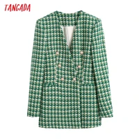 tangada women vintage green plaid tweed thick blazer female long sleeve elegant ladies work wear blazer suits be103