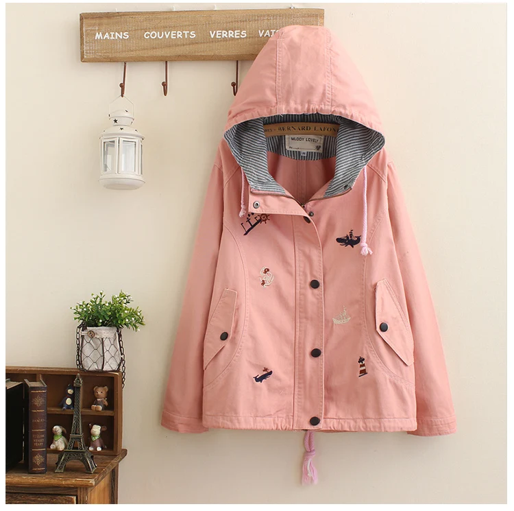 Anchor boats embroidery hooded zipper jacket female casual coat army green khaki