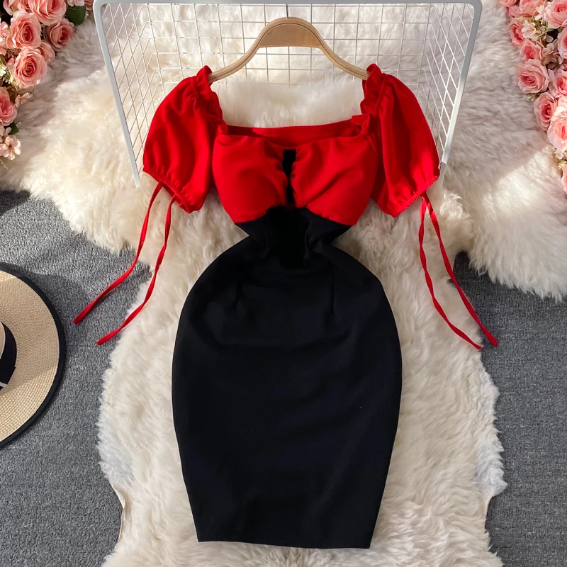

Square Neck Dress New French Temperament Puff Sleeve Waist Waist First Love Dress