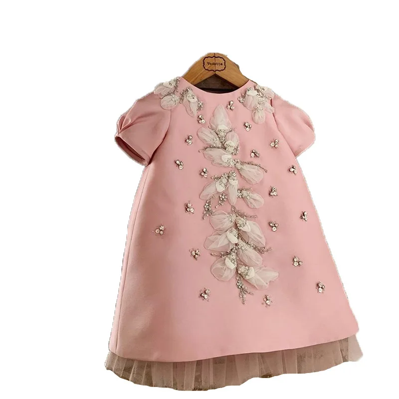 

2021 New Baby A Line High Quality Floral Embroidery Pink Back Bow TUTU tulle Birthday Anniversary Girls Children Wedding Party