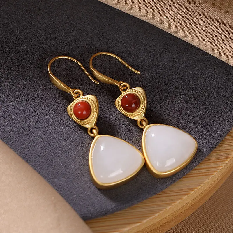 

S925 Sterling Silver Natural Hetian Jade Turquoise Special-Interest Design Women's Geometric Shape Ethnic Style Earrings Eardrop