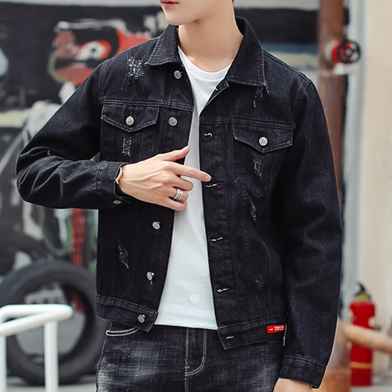 Мужская джинсовая куртка приталенная черная большого размера Осень-зима E-BAIHUI |