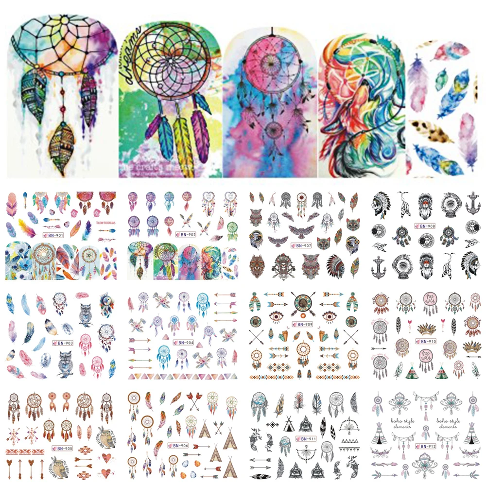 

12 Designs Colorful Nail Water Decals Slider Dream Catcher Feather Harajuku Owl Nail Wraps Tattoo Decoration Access BEBN901-912