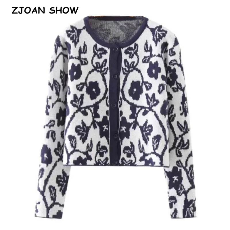 

2021 Vintage Navy White Floral Knit Cardigan Women O neck Center Buttons Long sleeve Cropped Sweater Slim fit Jumper Knitwear