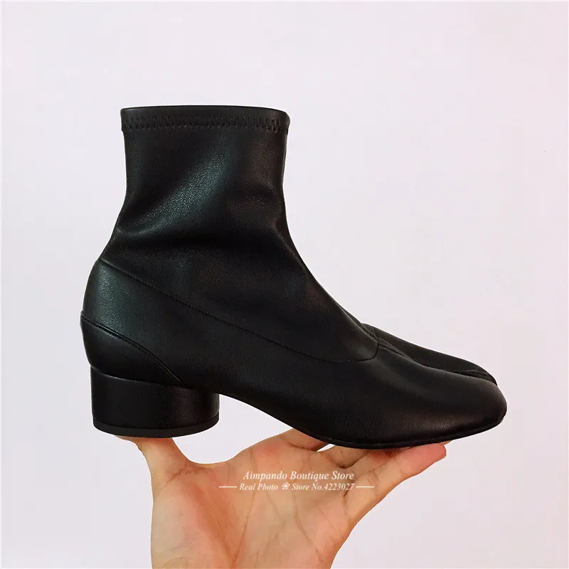 New Autumn Stretch Ankle Boots Novelty Split Toe Boots Women Cozy Round Heel Genuine Leather Riding Booties Fashion Short Botas