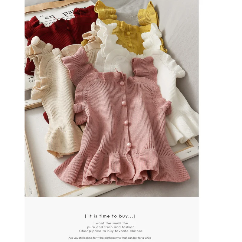 

2021 Summer Women's Crop Top Sweet Pearl Button Single Breasted Knitted Sweater Vest Chic Ruffles Short Tube Tops Sweaters