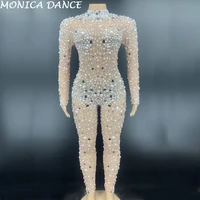 sexy stage jumpsuit silver mirror rhinestone pearl transparent jumpsuit birthday celebrate net yarn outfit women dance jumpsuit