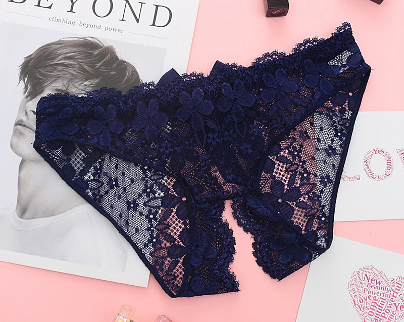 Sexy Lace Hollow Panties Tempting Women Briefs Opening Crotch Low Waist Female Underwear Transparent Sexy Cute Bow Panty