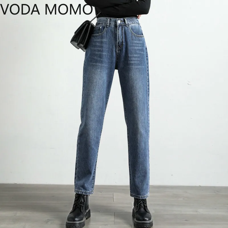 Винтажные рваные женские джинсы с высокой талией синие винтажные шаровары для