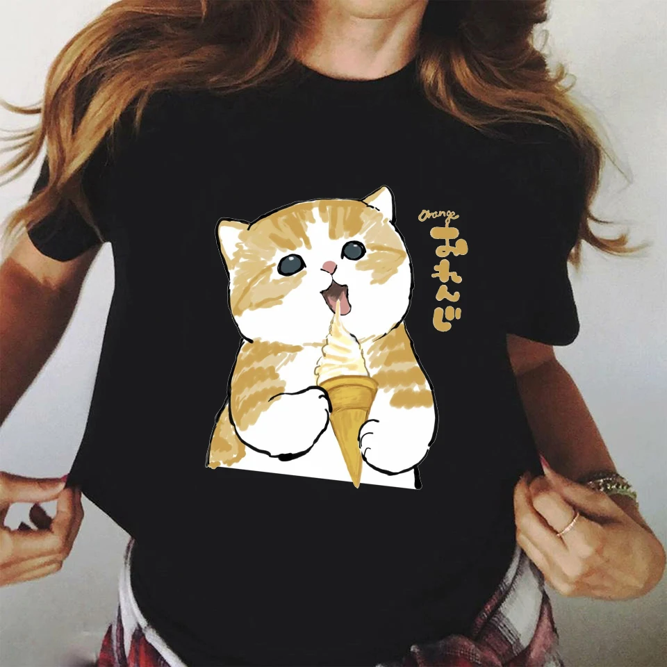 

Female Short Sleeve Black Tshirts Harajuku Cute Cartoon Cat Ice-cream Graphic Printed Women T-shirt 90S Girls Casual Tops Tee