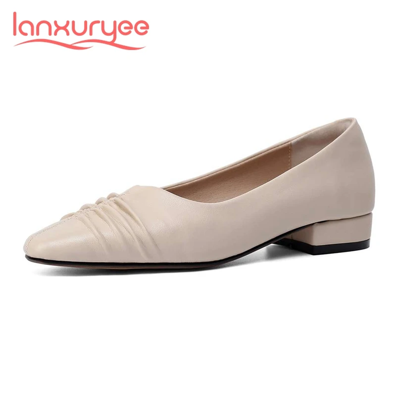 

Lanxuryee new sheep leather square toe low heel pleated soft French romantic beauty girls dating shallow slip on women pumps L03