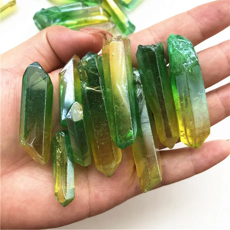 50 г зеленый и желтый аура кварцевый кристалл точка титановая обработка кварц