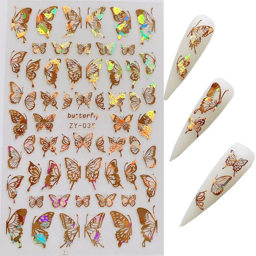 

2 Sheets 3D Hot Stamp Holographic Laser Gold Silver Colorful Butterfly Adhesive Nail Art Stickers Decorations Manicure DIY Tips