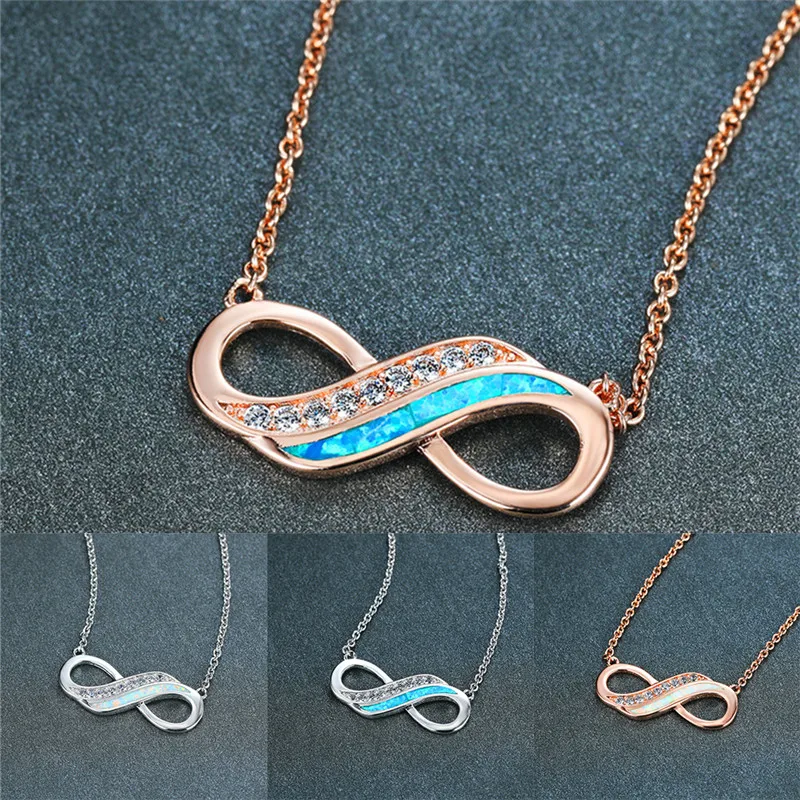 

Cute Female Blue Opal Pendant Necklace Rose Gold Silver Color Chain Necklaces For Women Crystal Hollow Infinity Weddings Jewelry