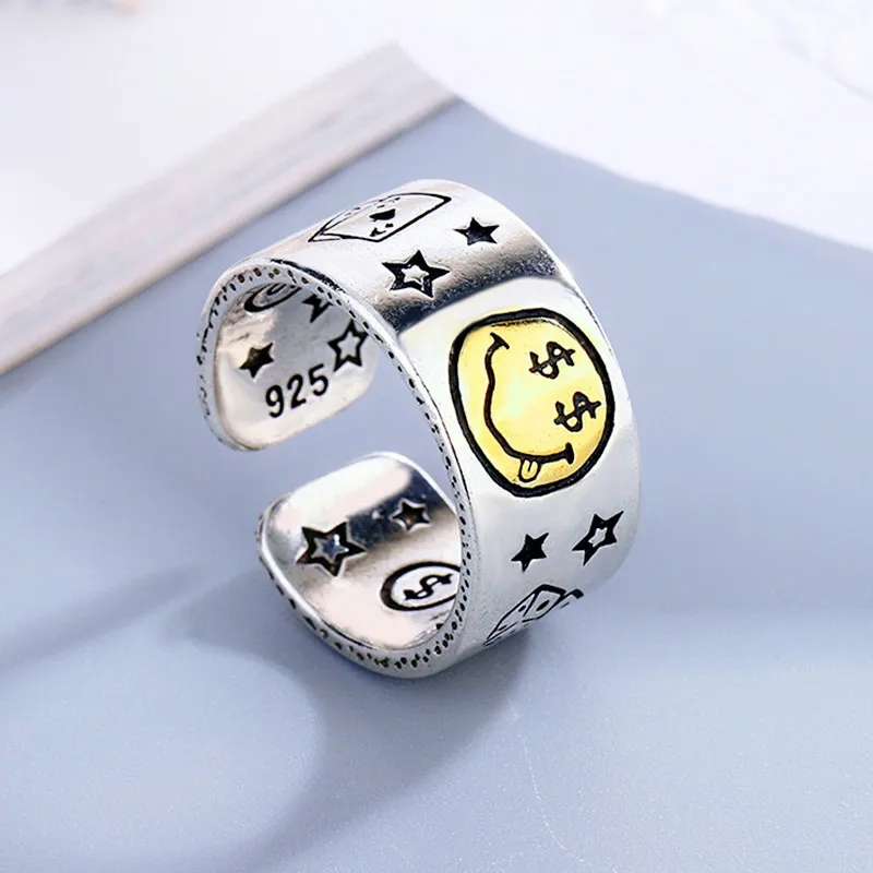 Женское серебряное кольцо со смайликом и звездами | Украшения аксессуары