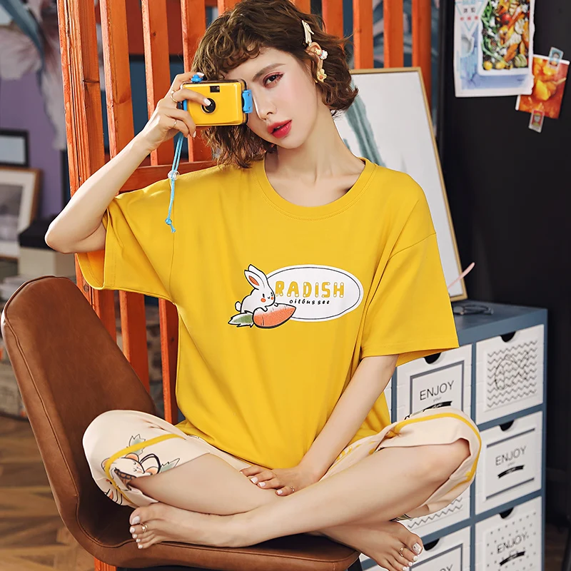 

Cartoon Carrot Rabbit Kawaii Pajamas Set Short Sleeve Summer Sleepwear Women Nightwear Casual Outdoor Plus Size M-3XL Homewear