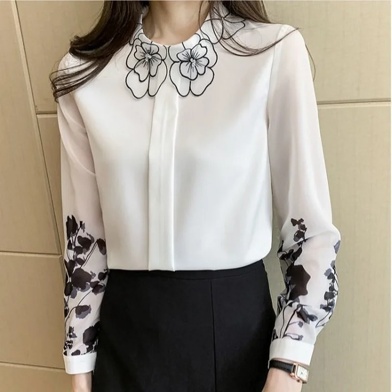 

2021 New OL Women Tops and Blouse Vintage Peter Pan Collar Long Sleeve Chiffon Tops Blusas Mujer De Moda 2021 Elegant Blouses