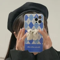 korean ins geometric lozenge bear stand holder bumper phone case for iphone 13 12 11 pro xs max xr x 7 8 plus soft back cover
