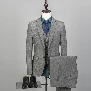 סתיו חורף עסקים אפור 3 חתיכה חתונה Tuexdos לנשף חליפת ליזר מסיבת (מעיל + מכנסיים + אפוד) שיק Streetwear תפור לפי מידה