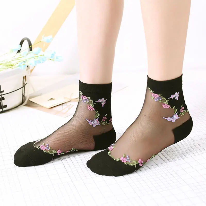 5 pairs/lot New style Quality Socks thin Soft cotton Socks Black transparent spring summer socks cotton bottom silk socks
