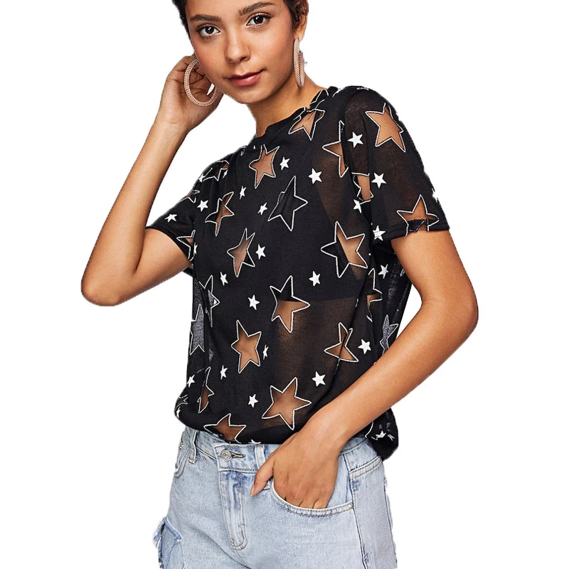 Летняя женская Свободная Повседневная футболка Сексуальная с вырезами в стиле