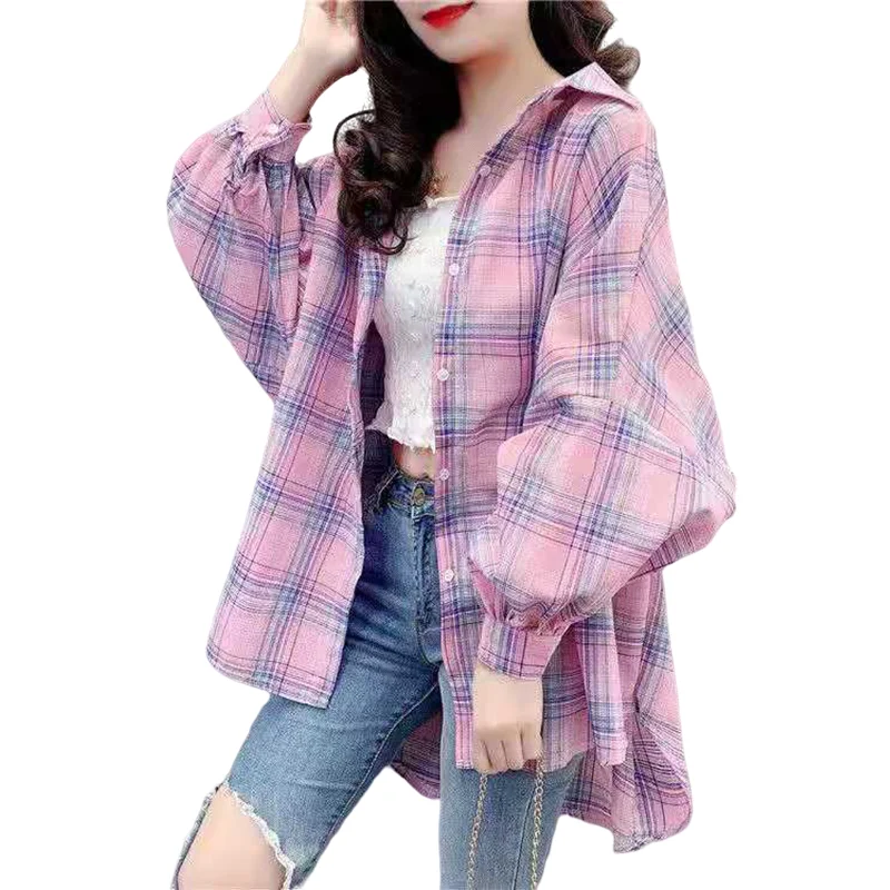 

Blouses Women Plus Size 3XL Batwing Sleeve Plaid Shirts Womens Summer Sun-proof Chic Fashion Ins Oversize Korean Style Harajuku
