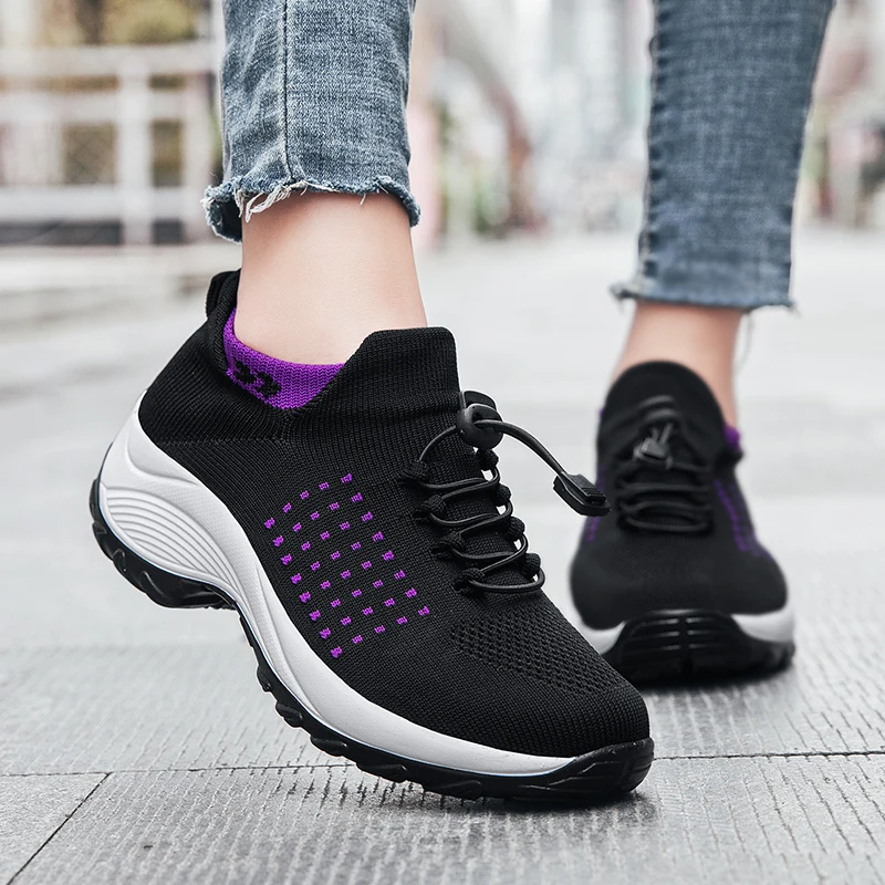 

2021 Flat Platform Sports Shoes Women Breathable Mesh Sneakers Shoes Ladies Laces Sock Tennis Sneakers Zapatillas Negras Mujer