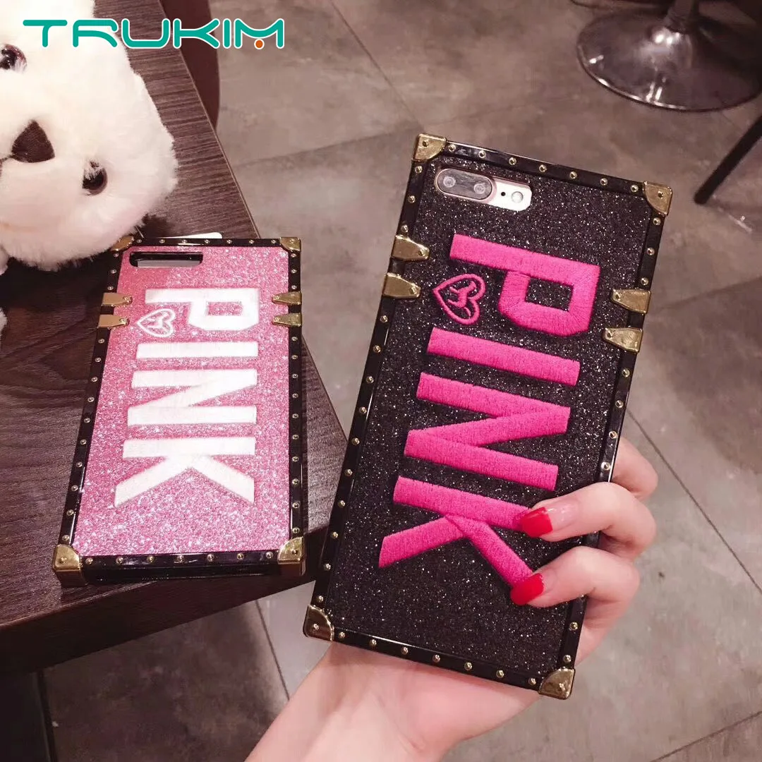 Роскошный чехол с вышитыми 3D розовыми буквами для iPhone 11 Pro Max 7 8 Plus X XR XS MAX Блестящий квадратный чехол для телефона s для samsung Note 10