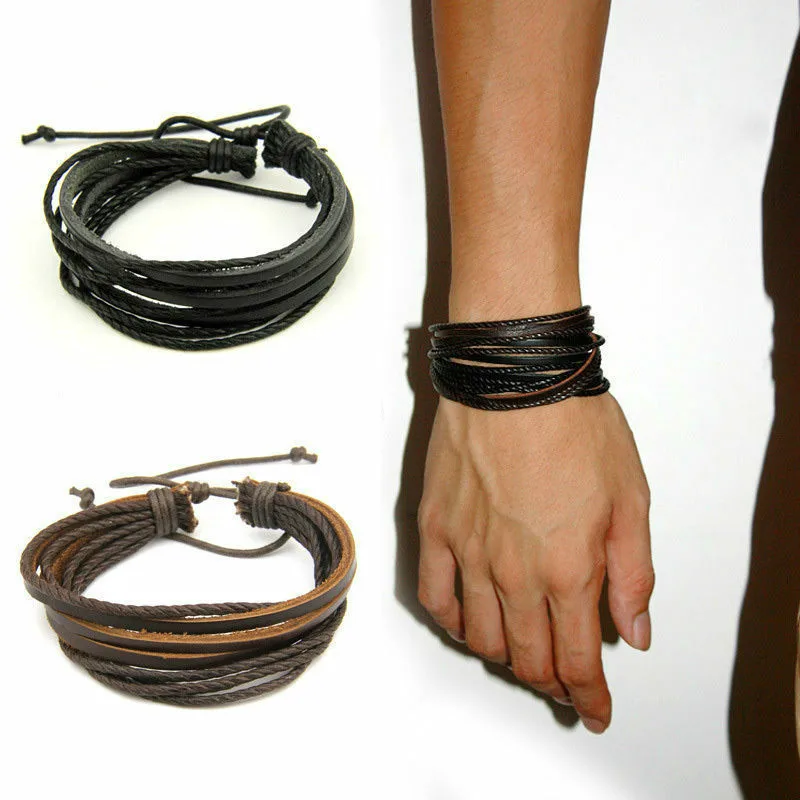

Men's Multilayer Leather Bracelet Black Brown Cowhide Woven Multilayer Wrap Fashion Jewelry Couple Bracelets on Hand