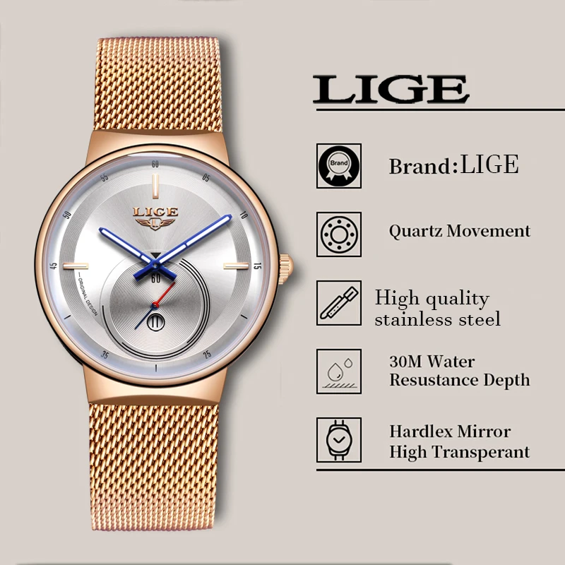 

Reloj Mujer 2020 LIGE Women Rose Gold Watches Laides Dress Business Fashion Casual Waterproof Quartz Clock Calendar Wristwatch