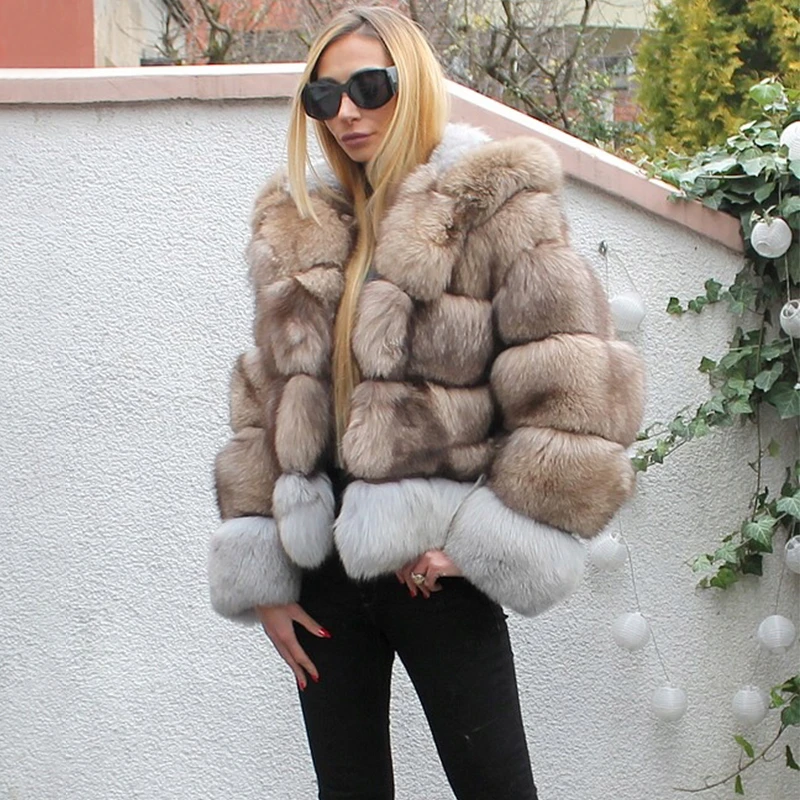 2022 Winter New Luxury Real Fox Fur Coat For Women Patchwork Thick Warm Full Pelt Genuine Fox Fur Jacket With Hood Women Outwear