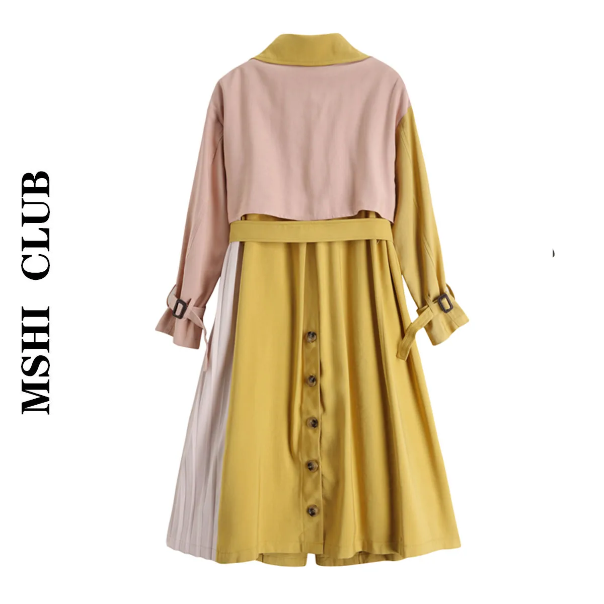 Женский желтый контрастный цветной лоскутный плиссированный большой Тренч