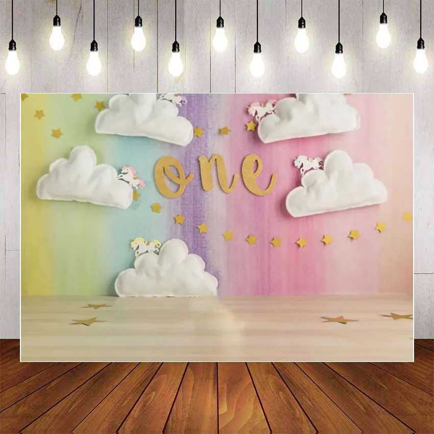

Mehofond 1st Birthday Photography Background Rainbow White Cloud Unicorn Stars Baby Shower Birthday Decor Photo Studio Backdrop