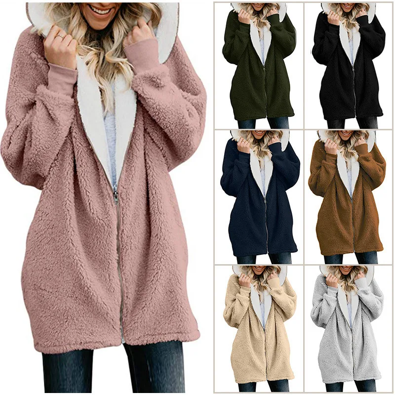 

Autumn Winter New Fashion Plush Solid Women's Hooded Jacket 2021 Casual Plus Size Zipper Cardigan Ladies Long Jacket Coat 5XL