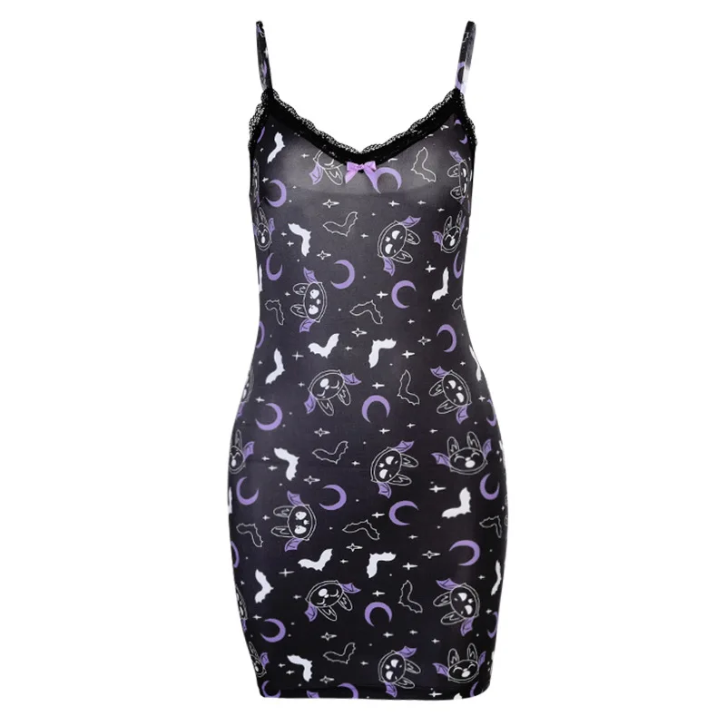 

Little Bat Moon Print Bow Lace Sling Dress European and American Summer Sexy New Dress Woman Dress Cheongsam Dress Woman Dress