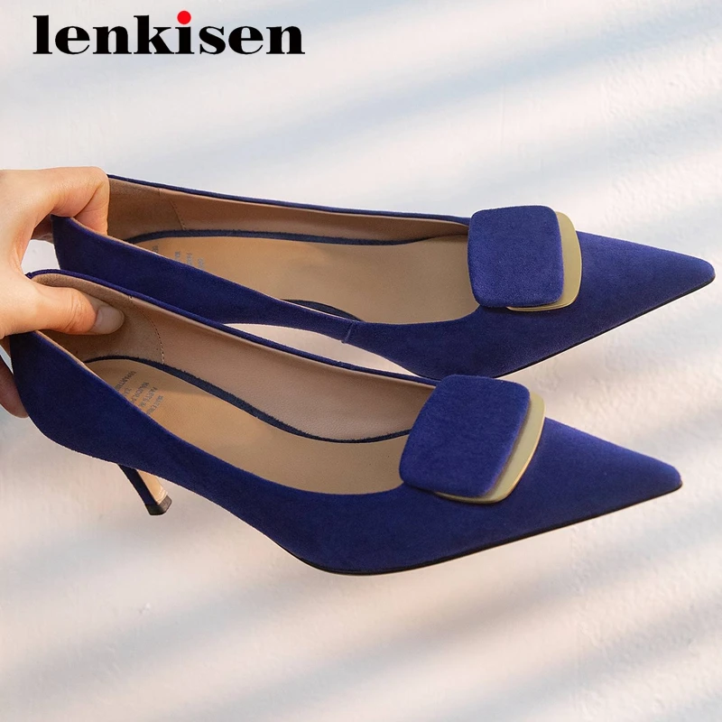 

Lenkisen nightclub fashion sheep suede metal fasteners pointed toe thin high heel slip on mature catwalk dating women pumps L2a