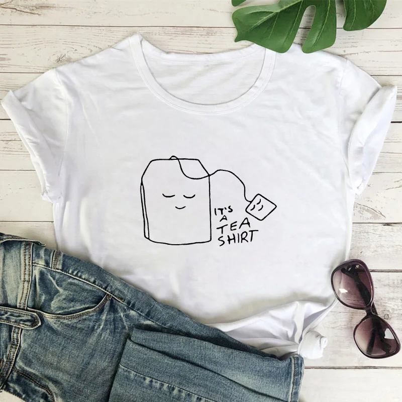 

White Round Neck short sleeve tee shirt Female Simple T-shirt Summer Tshirt Leisure T shirt Ladies It's A TEA SHIRT Tshirt